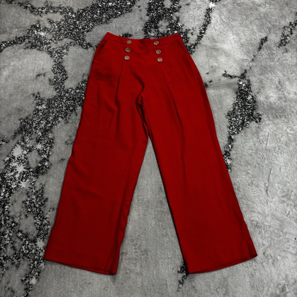 Ann Taylor Petite Women's Sz 4P Red Sailor Button Wide Leg High Rise Pants